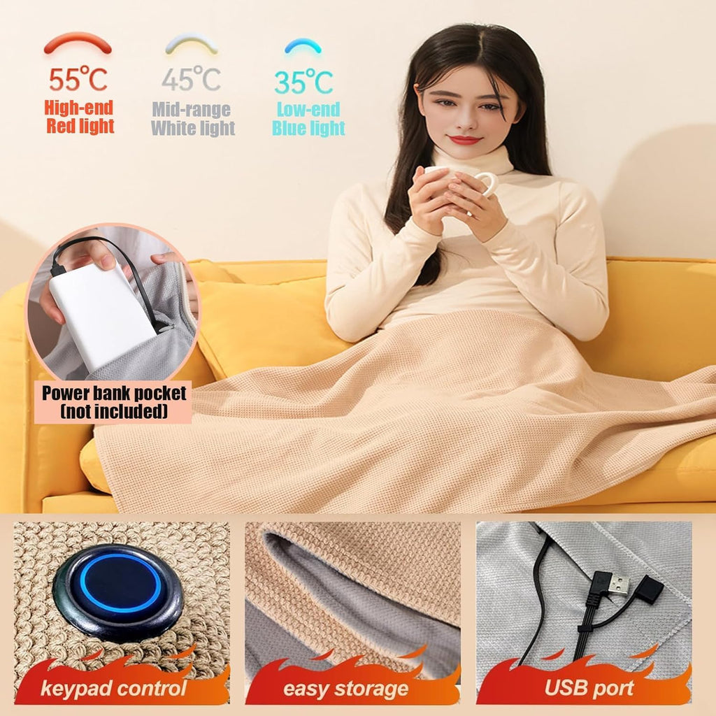 Heated Shawl Wrap Portable Electric Heated Shawl Fast Heating USB Blanket Shawl with 3 Heating Levels Soft Zipper Hooded Blanket Shawls for Women Men Home Outdoor Office Use Gifts (No power bank)