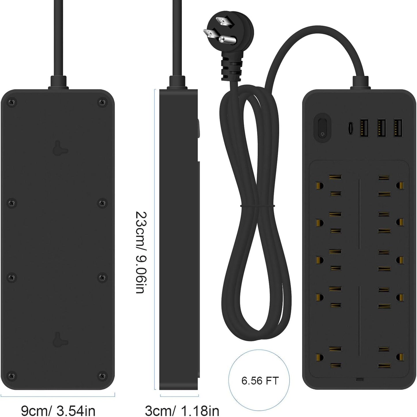 Power Strips with Surge Protection 16Awg Heavy Duty 2000W/13A 10 Outlets with 4 USB Ports (1 USB C) Extension Cord with Multiple Outlets 14-in-1 Flat Plug Power Strip Protector for Home Office Black