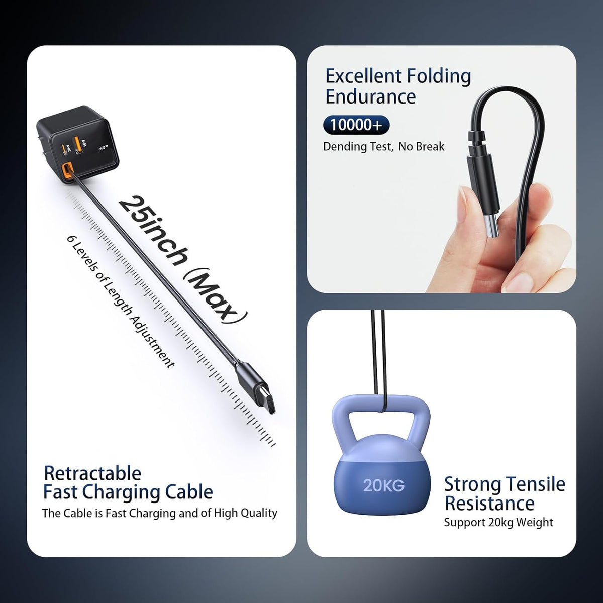 Retractable Charger, Type C Charger Fast Charging, 65W Retractable USB C Charger with Type-C Cable and QC18W PD30W Port, PD PPS Fast Charging Block with Foldable Plug Travel Essentials