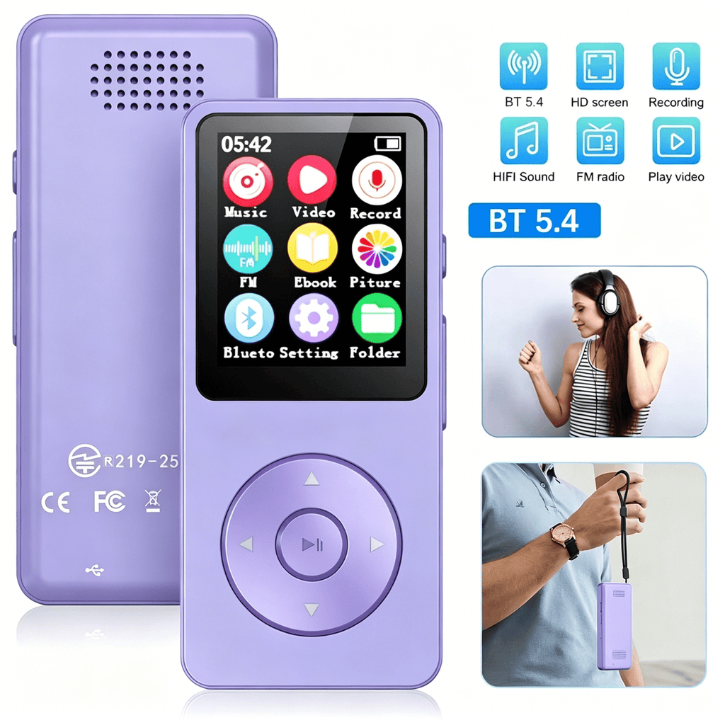 MUSICOZY MP3 Player with Bluetooth and 64GB Hi-Fi Music Player with Built-in Speaker Earphones Voice-Activated Recording MP3 Players with FM/E-Book/Video Supports up to 128GB for Kids Running Walking