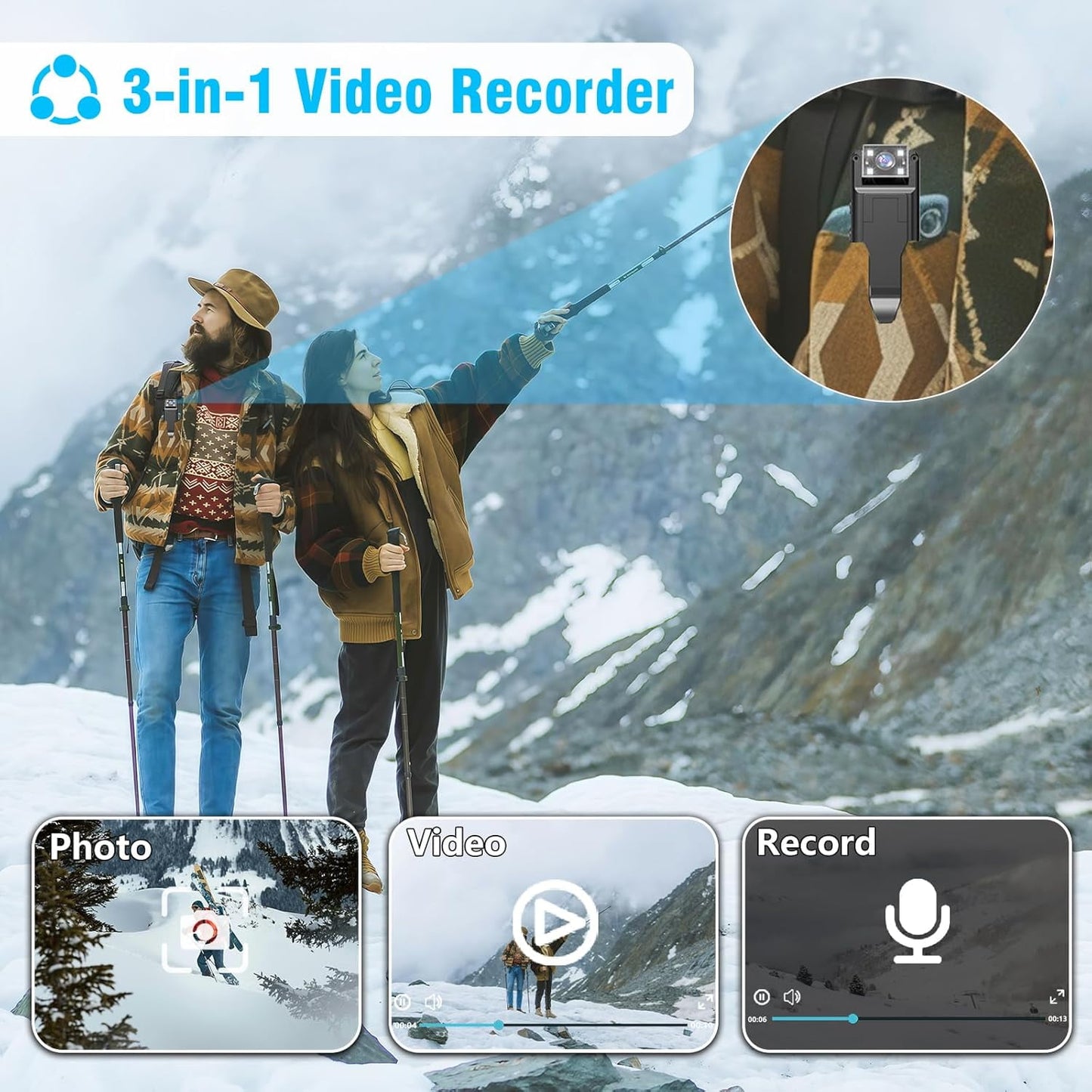 Body Camera with Audio and Video Recording 1080P Bodycam Handheld Video Recorder with 1.3 Screen 180° Rotating Lens 6h Battery 4 Fill Lights Motion Detection for Personal Civilians Travel