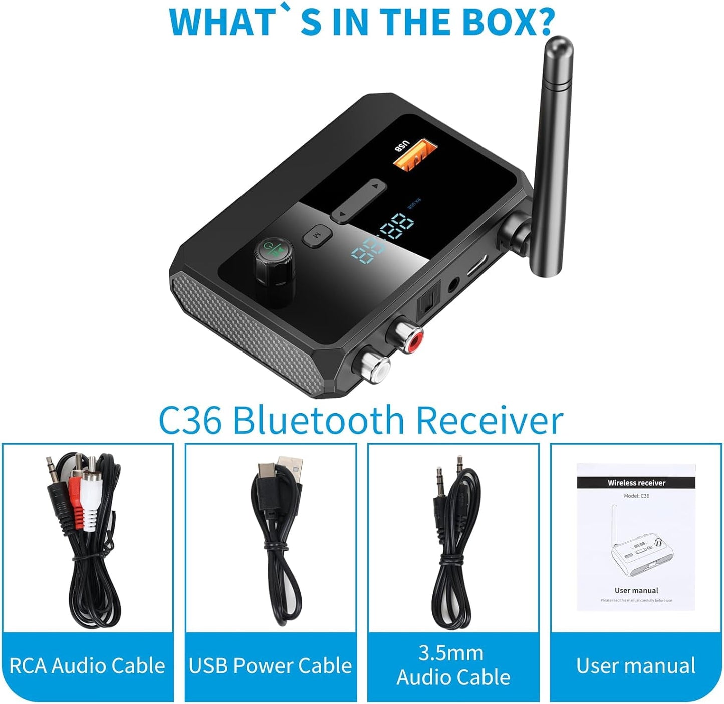 Bluetooth 5.3 Receiver for Home Stereo RCA Bluetooth Adapter Low Latency & HD Music Audio Support Optical AUX 3.5mm RCA Receiver Adapter for Speakers Music Streaming Stereo System