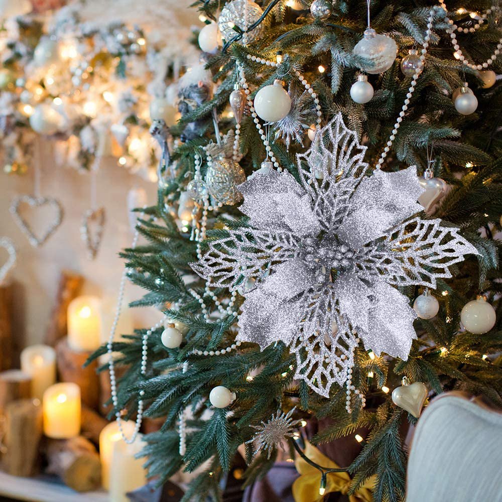 XEAZON 16 Pcs Christmas Glitter Flower, 6.3 inch Christmas Silver Glitter Hollow Leaf, Artificial Poinsettia Flowers Tree Ornaments, Festival Xmas Decor for Wedding Christmas Party Home Decoration