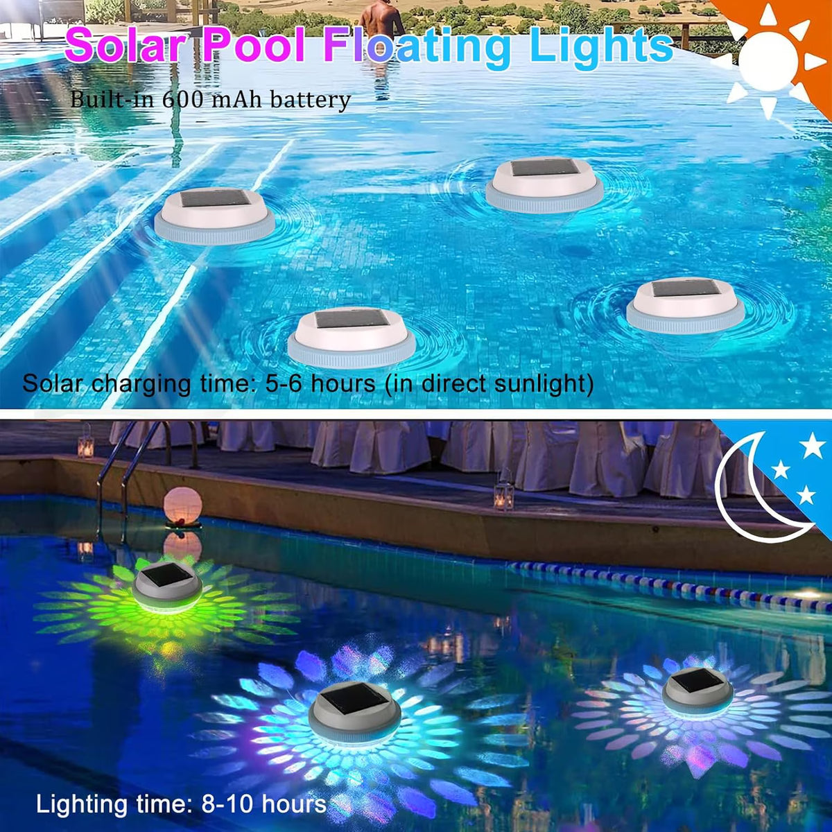 Mivicoo Solar Floating Pool Lights, RGB Color Float Pool Lights, IP68 Waterproof Outdoor LED Pool Lights, LED Underwater Lights for Pond, Pool, Outdoor, Garden, Halloween, Christmas, Party Decoration