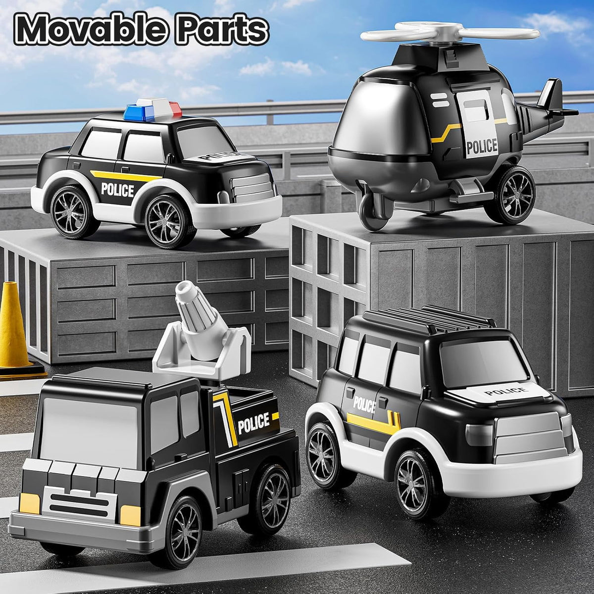 CEDQ Kids Police Truck Toy with Music for 3-9 Years Boys&Girls - 5 in 1 Black Carrier Vehicle Toy Set with 3 Small Cars 1 Helicopter Friction Powered Car Toys for Baby Birthday Gifts for Toddlers