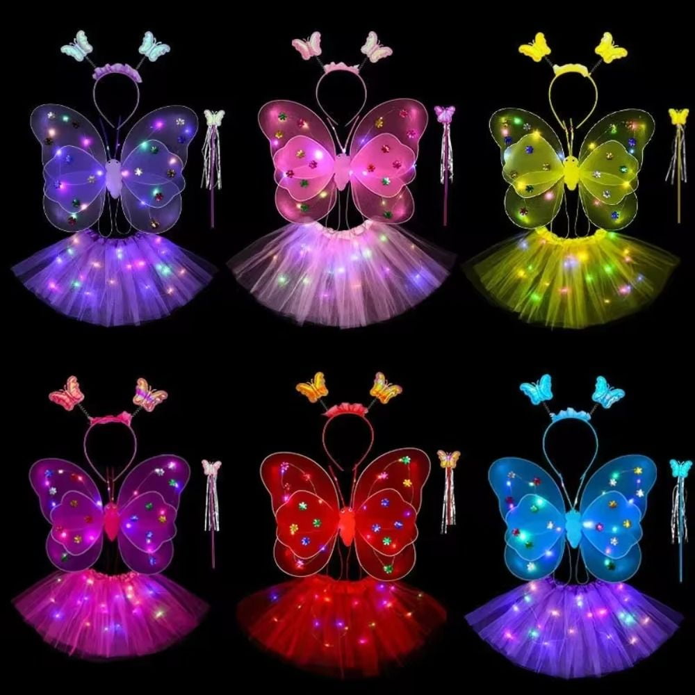 LED Children Costume Props Halloween Christmas gifts Fairy Princess Kids Costume Sets Butterfly Wings Wand Headband Tutu Skirt New Year Gifts Rose Red with Light