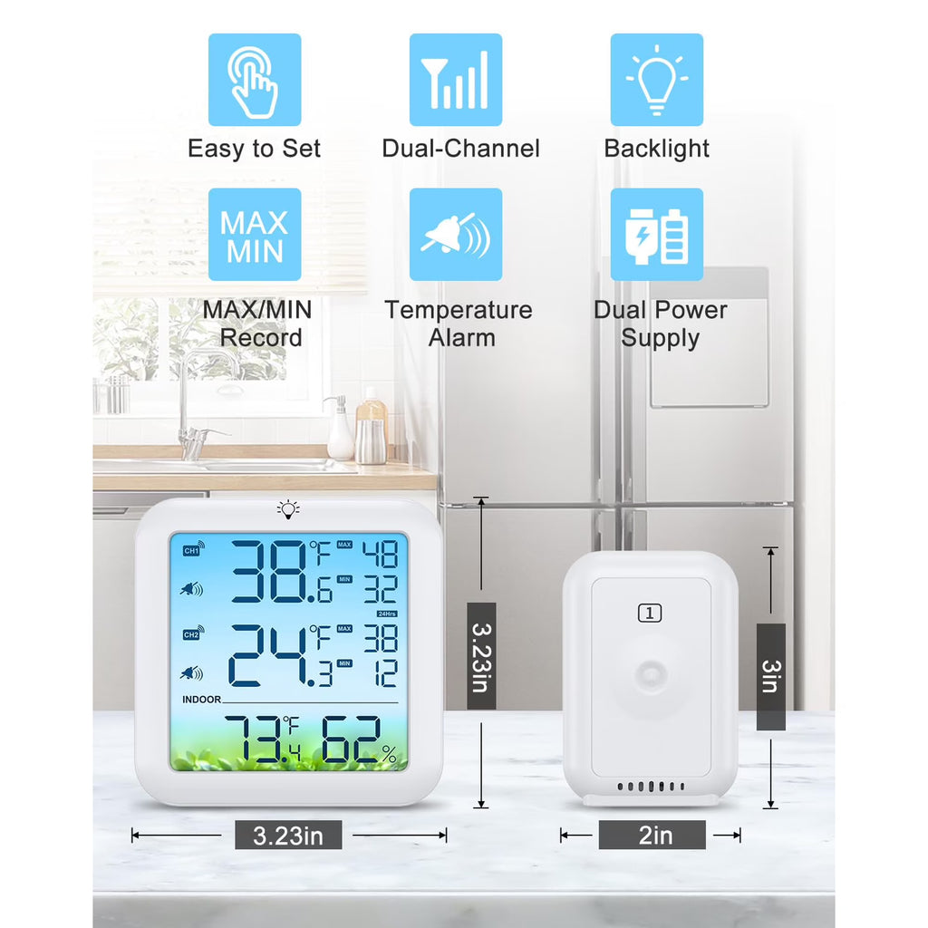 MUSICOZY Wireless Fridge and Freezer Thermometer with Alarm, Max/Min Temperature Records Digital Refrigerator Thermometer, 328FT Remote Range, Magnetic & Stand Options for Kitchen Home Restaurant