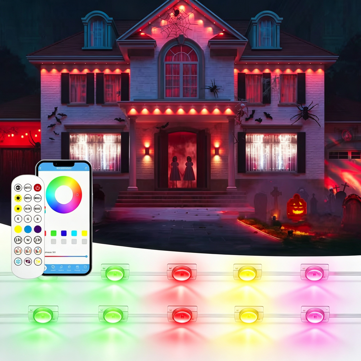 Permanent Outdoor Lights 148ft Smart RGBW Outdoor Eaves String Light with 54 LED Lights 16 Million Colors APP/Remote Control IP67 Waterproof Roof Lights for Holiday Halloween Christmas Party Decor