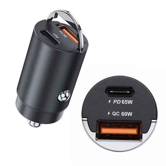 65W USB-C PD & 60W USB-A QC Car Charger, Dual Port Fast Car Charger for Phone, Tablet and Laptop, Compatible with 12V/24V Vehicles, Black