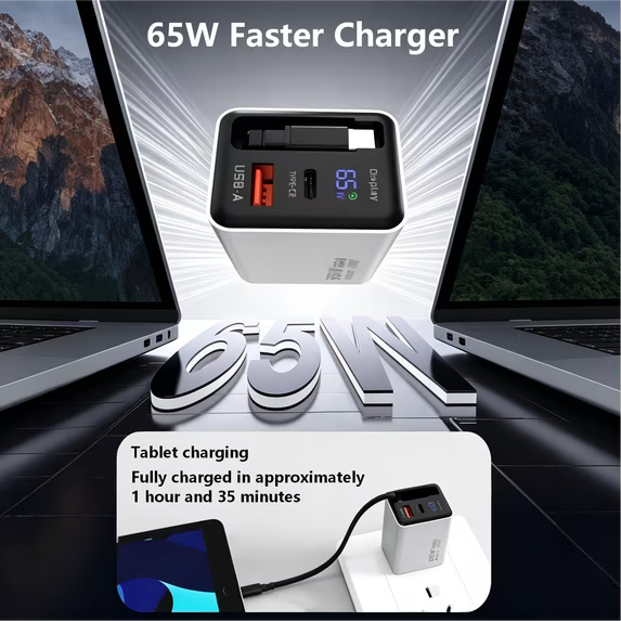 Retractable USB C Charger, 65w Fast USB C Charging Block with Type-C Cable & Dual Ports, Retractable Gan Wall Charger with Smart Display for All Phone Tablet Laptops Travel Essential, Grey