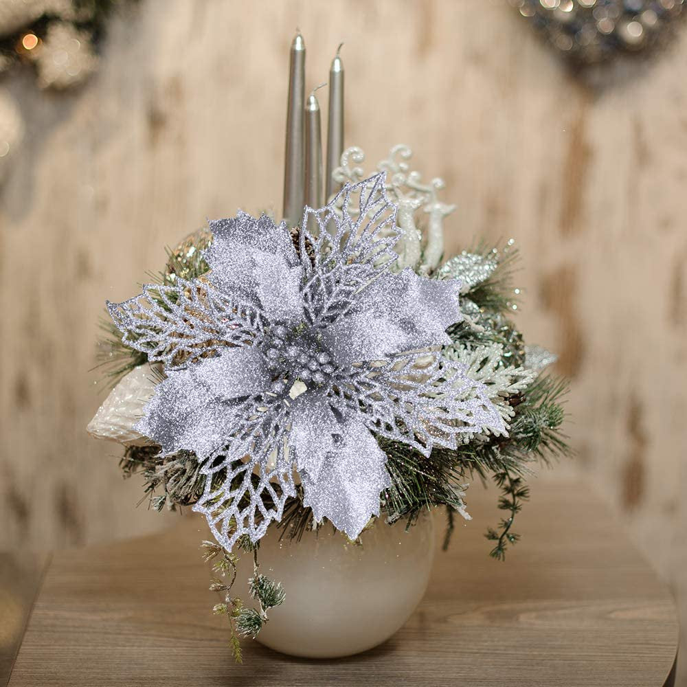 XEAZON 16 Pcs Christmas Glitter Flower, 6.3 inch Christmas Silver Glitter Hollow Leaf, Artificial Poinsettia Flowers Tree Ornaments, Festival Xmas Decor for Wedding Christmas Party Home Decoration
