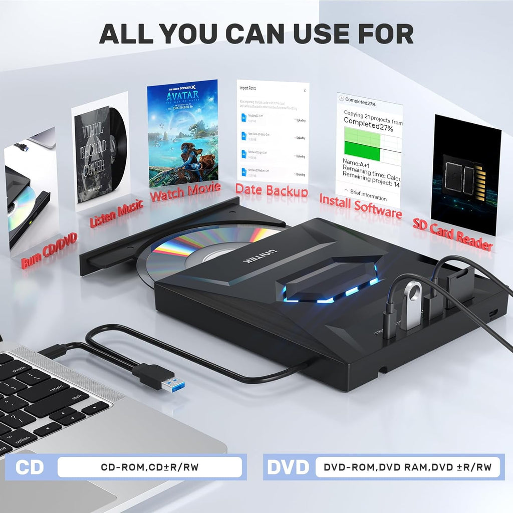 MUSICOZY External CD DVD Drive for Laptop 5-in-1 USB C Portable CD/DVD +/-RW Drive/DVD Player with SD Card Reader USB 3.0 USB C Hub CD ROM Burner for Mac Book Linux OS Windows