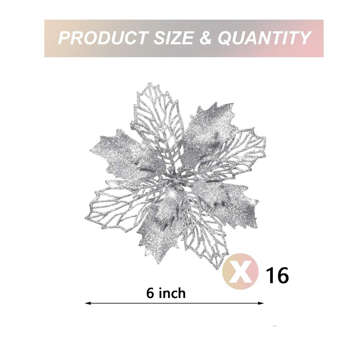 XEAZON 16 Pcs Christmas Glitter Flower, 6.3 inch Christmas Silver Glitter Hollow Leaf, Artificial Poinsettia Flowers Tree Ornaments, Festival Xmas Decor for Wedding Christmas Party Home Decoration