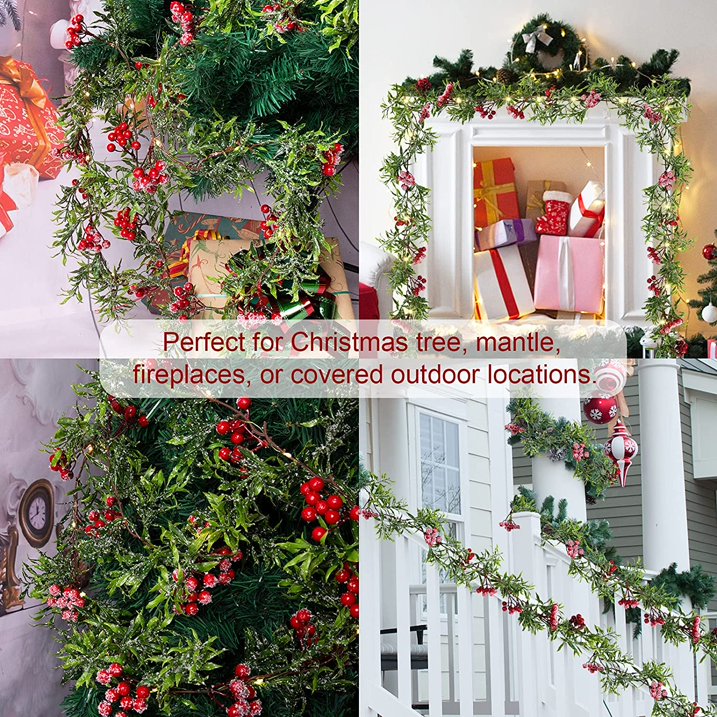 XEAZON Pre-Lit Christmas Garland, 6FT Artificial Christmas Garland String Lights with Red Berries Green Leaves 20 LED Lights for Christmas Mantle Stair Indoor Outdoor Holiday Decoration