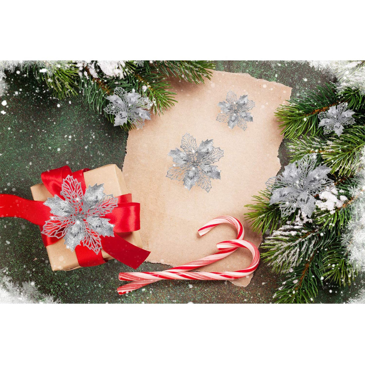 XEAZON 16 Pcs Christmas Glitter Flower, 6.3 inch Christmas Silver Glitter Hollow Leaf, Artificial Poinsettia Flowers Tree Ornaments, Festival Xmas Decor for Wedding Christmas Party Home Decoration