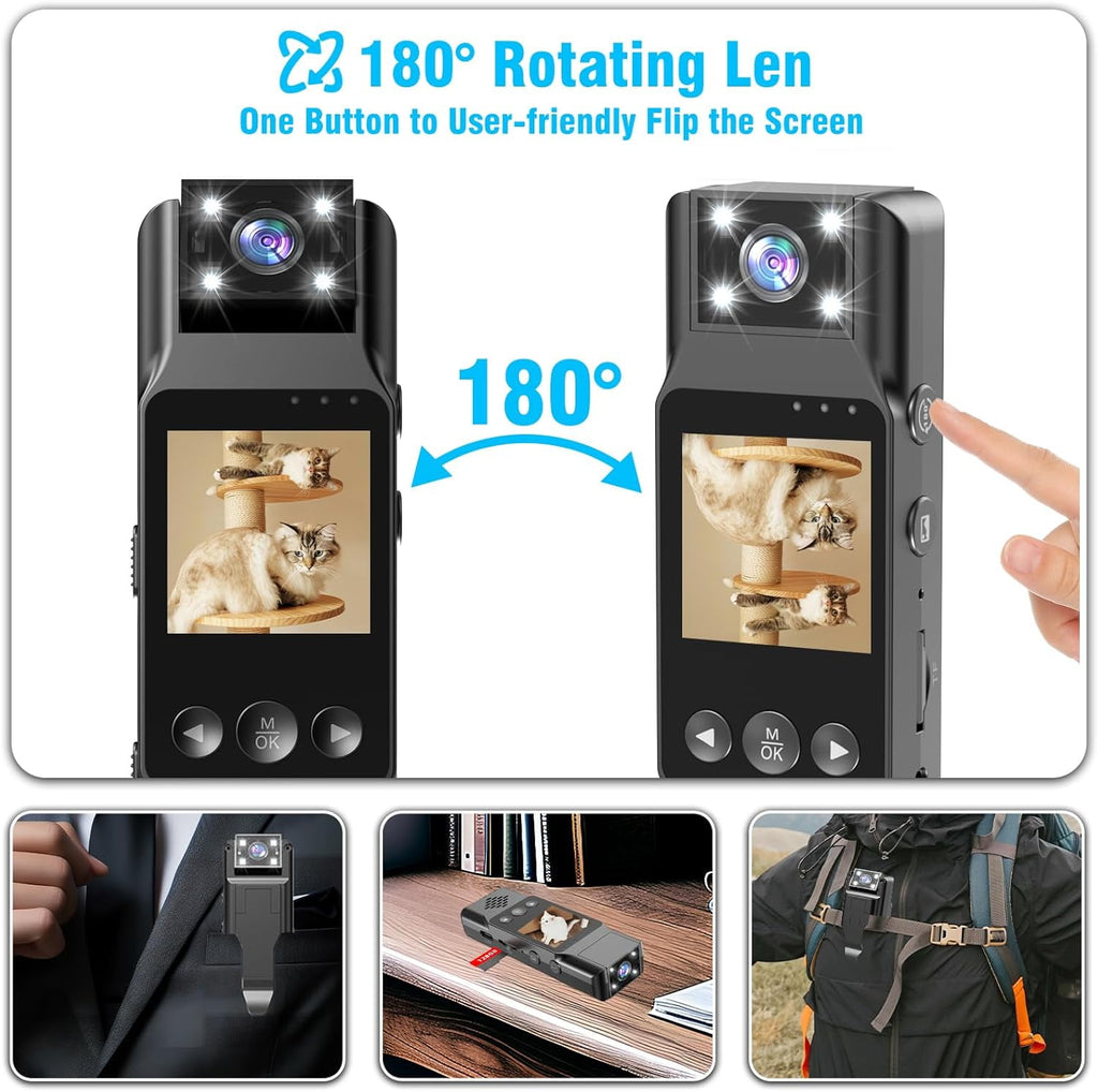 Body Camera with Audio and Video Recording 1080P Bodycam Handheld Video Recorder with 1.3 Screen 180° Rotating Lens 6h Battery 4 Fill Lights Motion Detection for Personal Civilians Travel