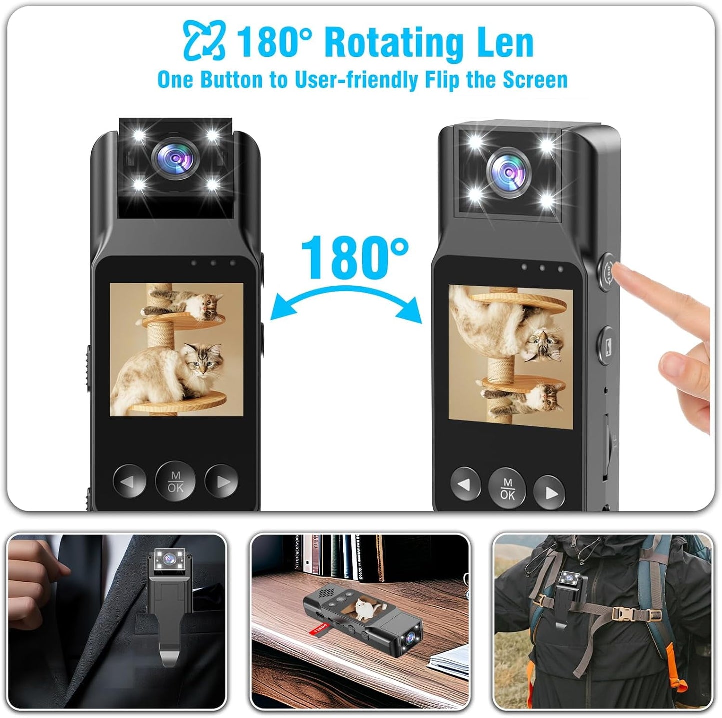 Body Camera with Audio and Video Recording 1080P Bodycam Handheld Video Recorder with 1.3 Screen 180° Rotating Lens 6h Battery 4 Fill Lights Motion Detection for Personal Civilians Travel