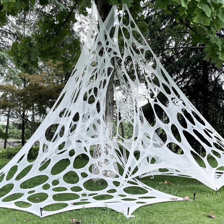 Halloween Spider Web Decorations Outdoor, 450sqft Stretchy Giant Spider Web with 10 Ground Stakes, Polyester Beef Netting Spider Web for Yard Lawn Haunted House Halloween Party Decorations