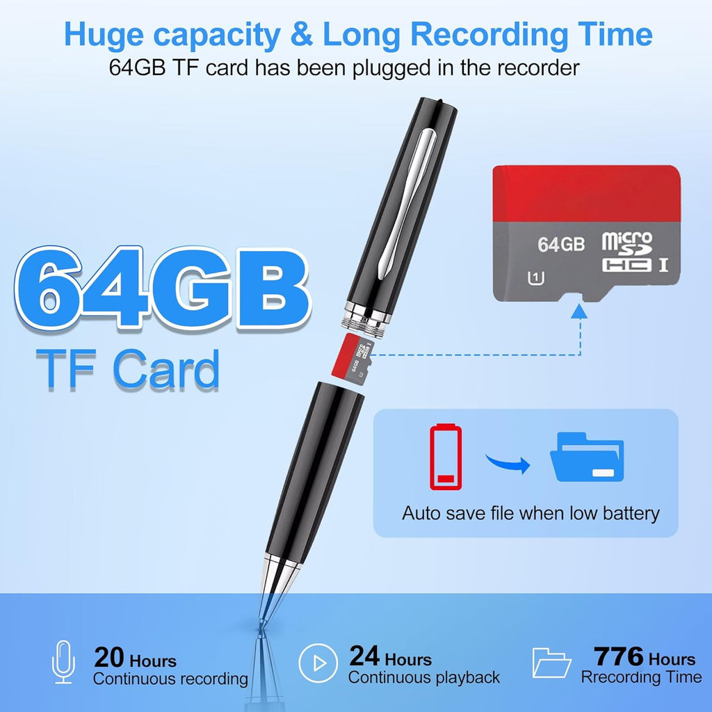 AI Digital Voice Recorder-64GB Voice Activated Recorder with Playback AI-Intelligent Noise Reduction Mp3 Player Voice Activated Sound Audio Tap Recorder Device for Meeting Course Lectures Interviews