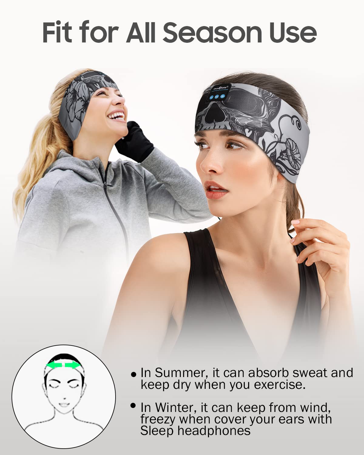 MUSICOZY Sleep Headphones Bluetooth Headband  Wireless Sleeping Headphones Music Sport Headbands  Long Time Play Sleeping Headsets Built-in Thin Speakers(Skulls Design)