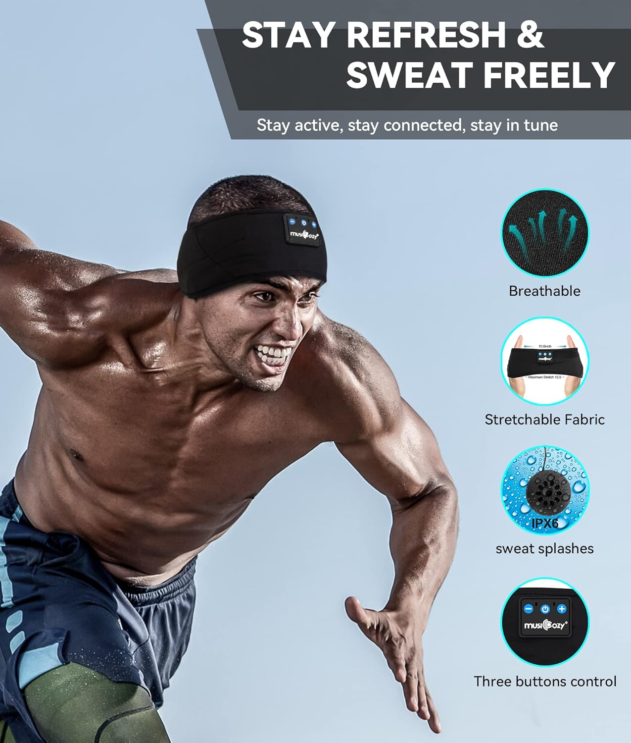 MUSICOZY Sleep Headphones Bluetooth 5.2 Headband  Sports Wireless Earphones Sweat Resistant Earbuds Sleeping Headphone