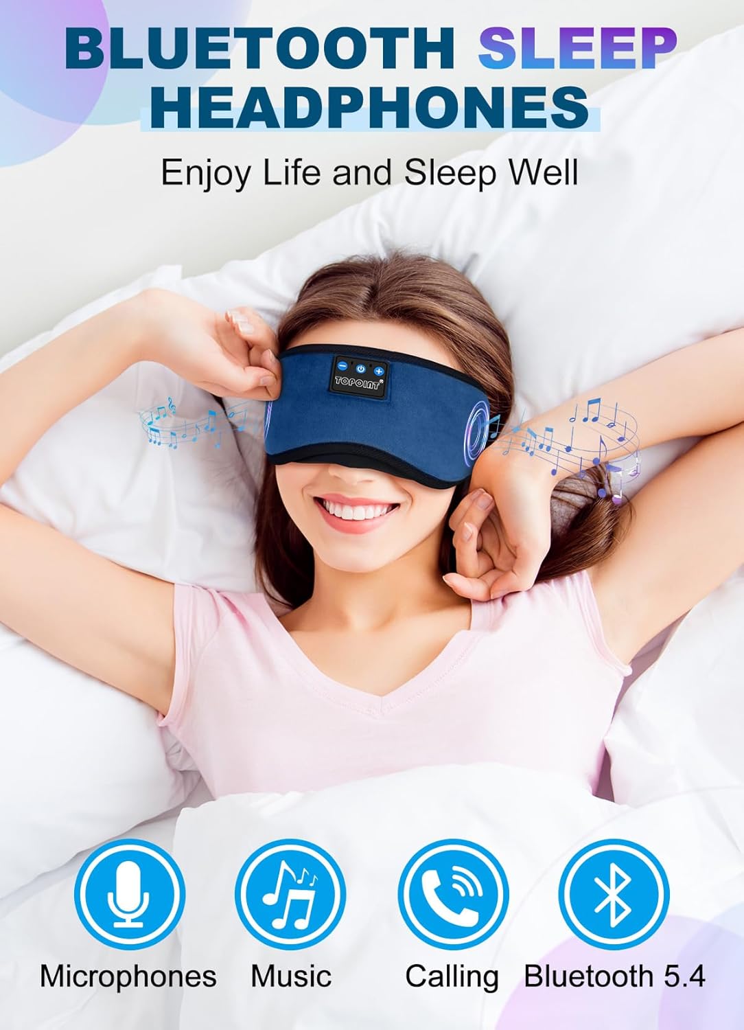 TOPOINT Sleep Headphones  Sleeping Headphones Bluetooth Sleep Mask with Bluetooth Headphones  Aid Sleep Light Blackout Sleeping Eye Mask Headphones for Sleeping Side Sleepers Men Women Girls