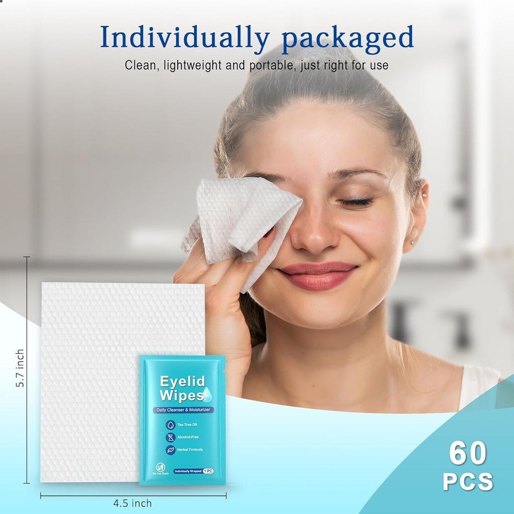 60PCS Tea Tree Oil Physiological Saline Eyelid Cleaning Wipes For Dry Eyes Daily Eye care for Removing Excess Oil and Debris from Eyelids & Lashes  Rinse Free Individually Wrapped Travel Eye Wipes