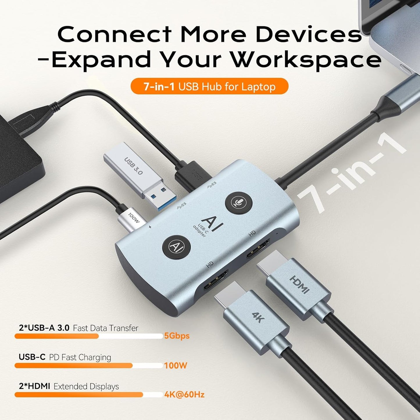 7-in-1 AI Laptop Docking Station with Dual Monitor  TOPOINT USB C Hub with AI Voice Transcription  Translation  Smart Office Tools  2 USB 3.0  100W PD for Home Office Remote Work Business Travel
