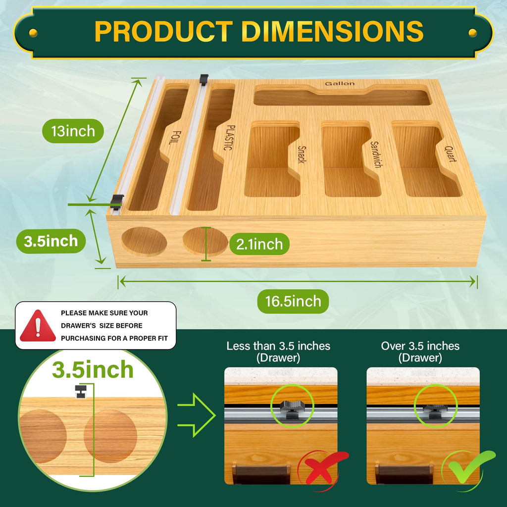 Bag Organizer with Cutter  6 In 1 Bamboo Foil and Plastic Wrap Organizer for Kitchen  Food Storage Bag Organizer for Gallon Quart Sandwich Snack