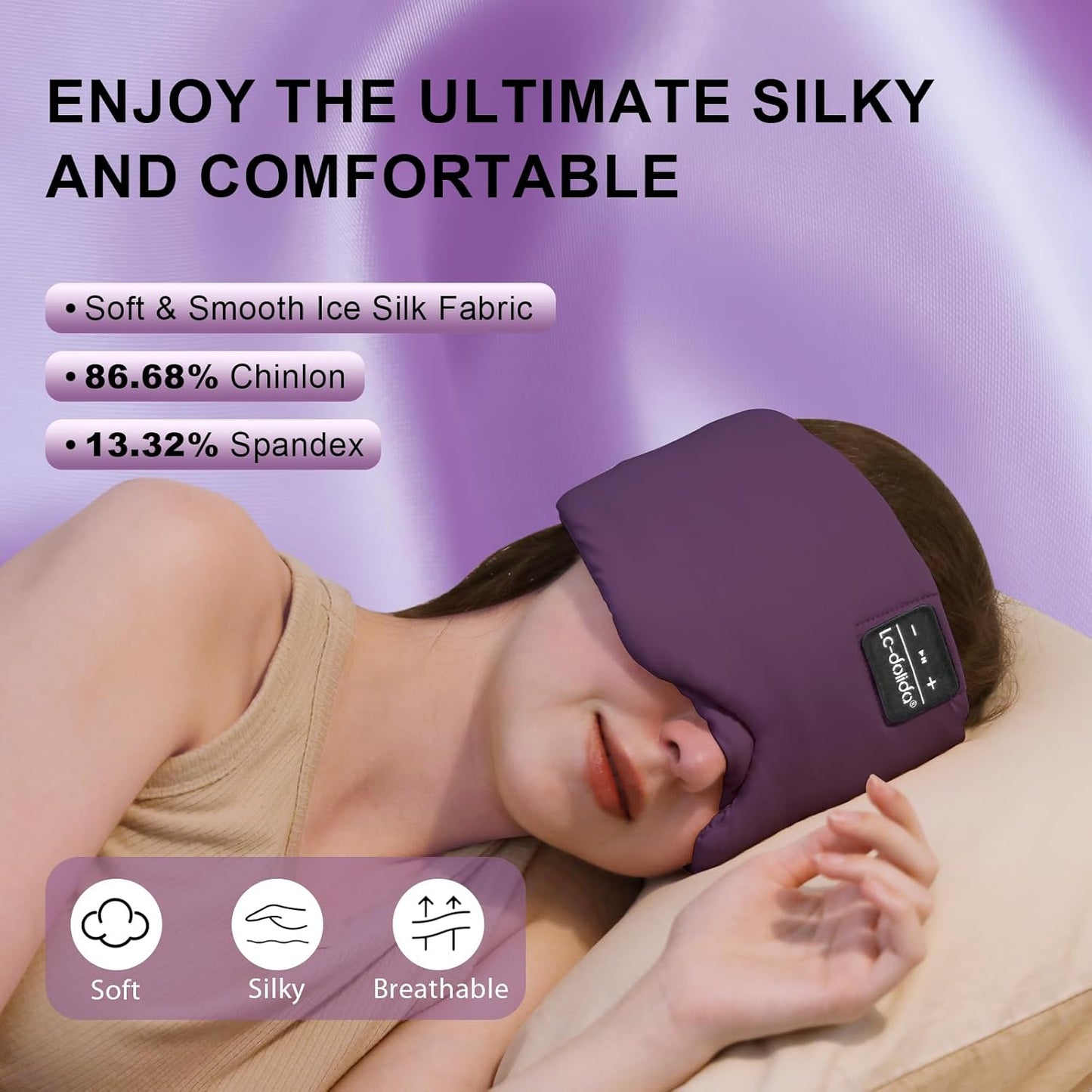 LC-dolida Sleep Mask with Bluetooth Headphones  Ice Silk Sleep Mask with Bluetooth 5.4  Total Blackout Eye Mask for Sleeping  Soft Sleep Mask for Women Men  All Night Sleep  Travel(Purple)