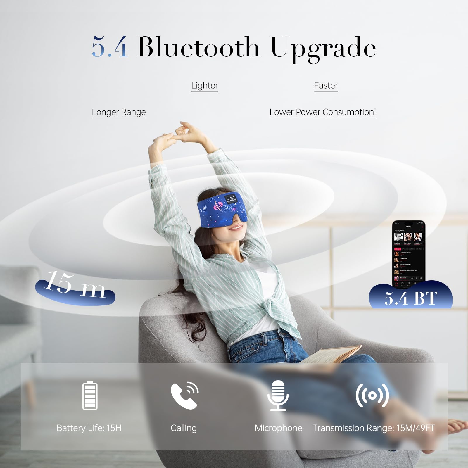 LC-dolida Sleep Mask with Bluetooth Headphones  Silk Eye Mask for Sleeping Side Sleepers  5.4 Bluetooth Silk Sleep Mask Headphones for Women Men with Thin Speaker  Blackout  Cooling  Comfort