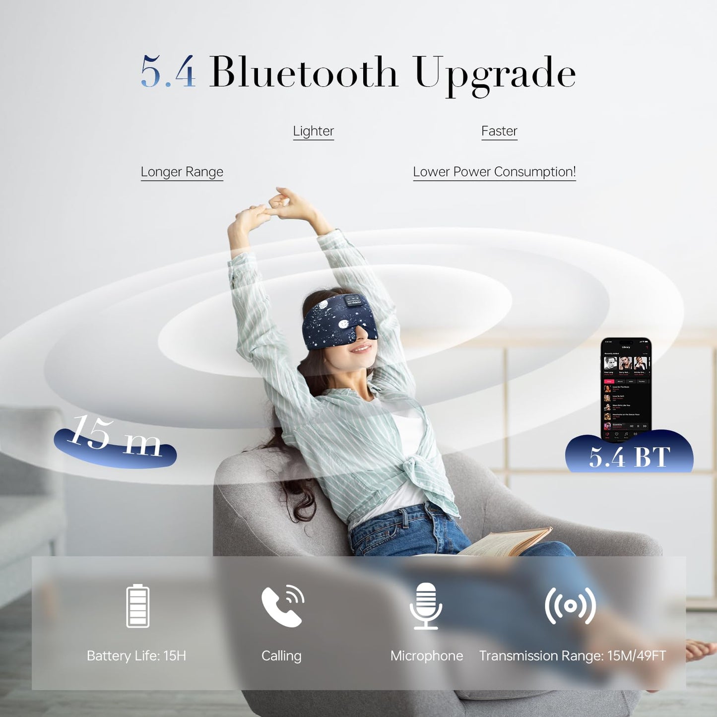 Sleep Mask with Bluetooth Headphones  Silk Eye Mask for Sleeping Side Sleepers  5.4 Bluetooth Silk Sleep Mask Headphones for Women Men with Thin Speaker  Blackout  Cooling  Comfort