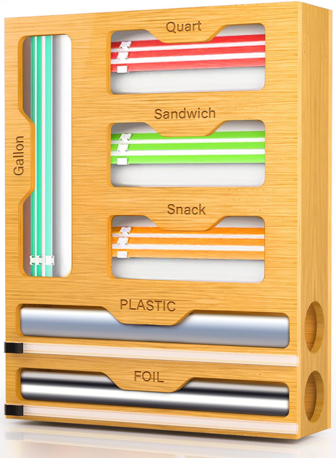 Bag Organizer with Cutter  6 In 1 Bamboo Foil and Plastic Wrap Organizer for Kitchen  Food Storage Bag Organizer for Gallon Quart Sandwich Snack