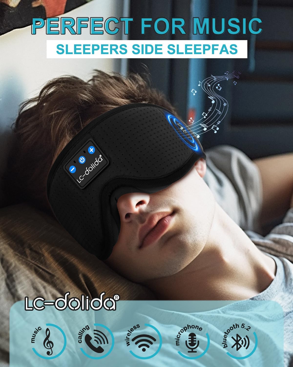 Sleep Headphones  3D Sleep Mask Bluetooth Wireless  Sleeping Headphones for Side Sleepers Sleep Eye Mask Music Weighted Sleeping Mask Meditation Gifts for Men Women (Black)