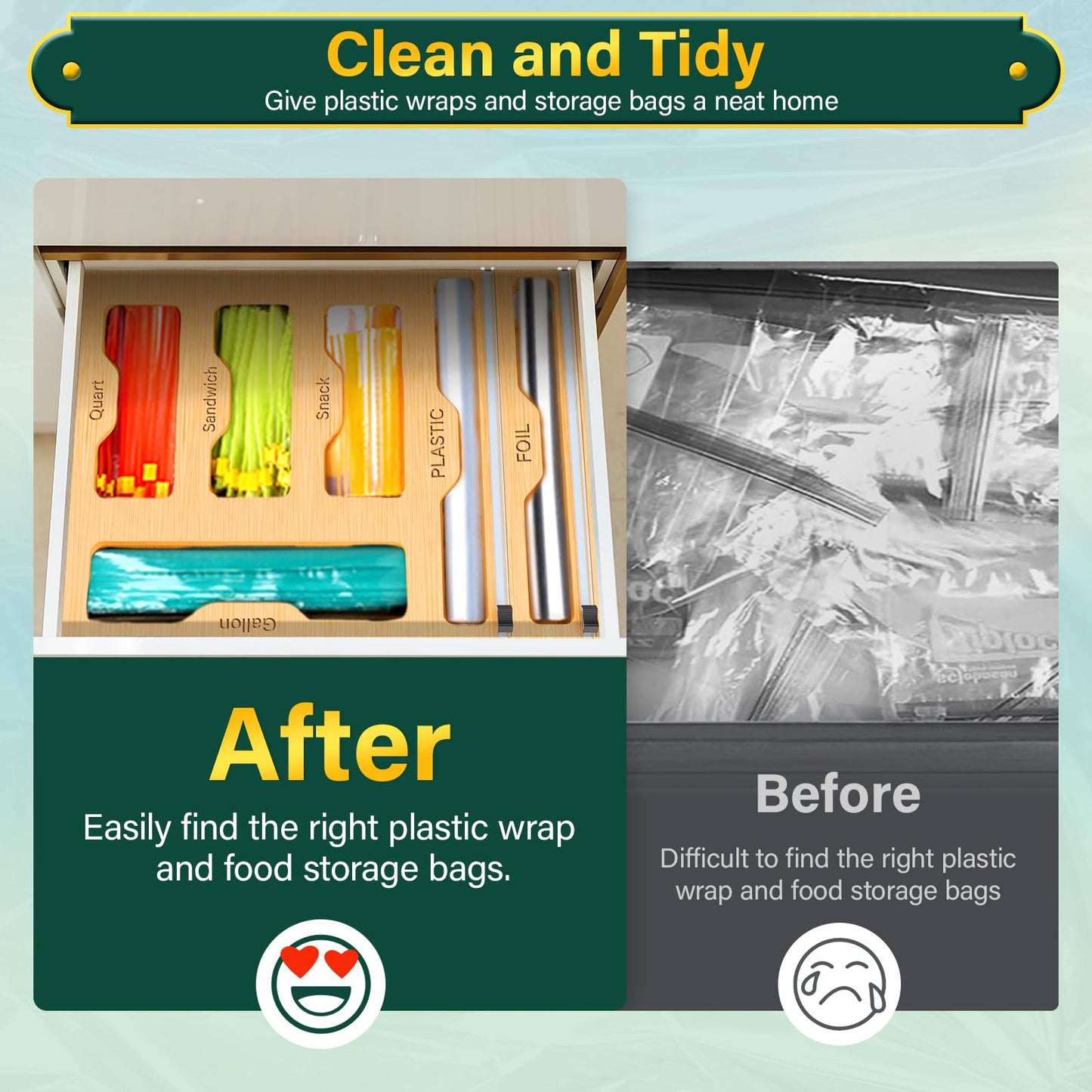 Bag Organizer with Cutter  6 In 1 Bamboo Foil and Plastic Wrap Organizer for Kitchen  Food Storage Bag Organizer for Gallon Quart Sandwich Snack