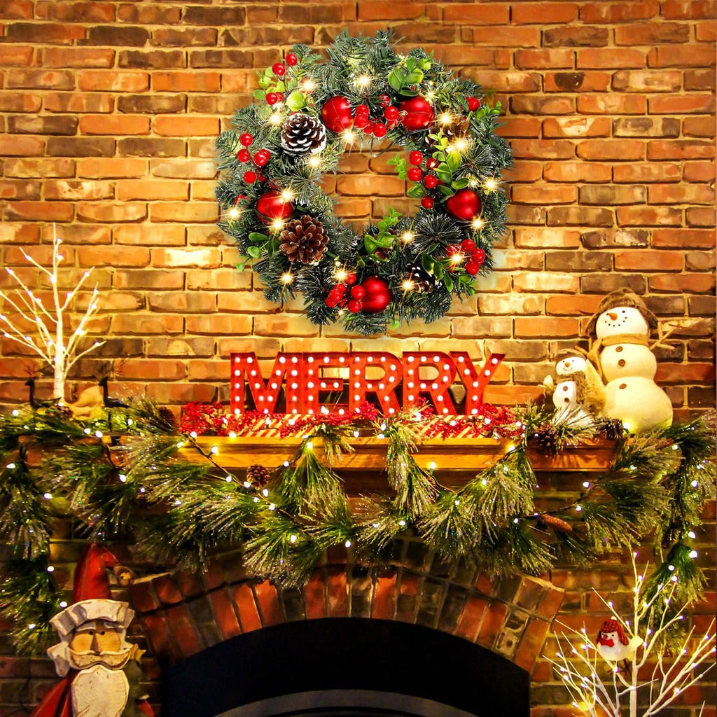 XEAZON Christmas Wreaths for Front Door, 16In Christmas Wreath with LED Lights Pine Cones and Berry Clusters, Festive Hanging Garland for Christmas Wall Fireplace Window Indoor Outdoor Decorations