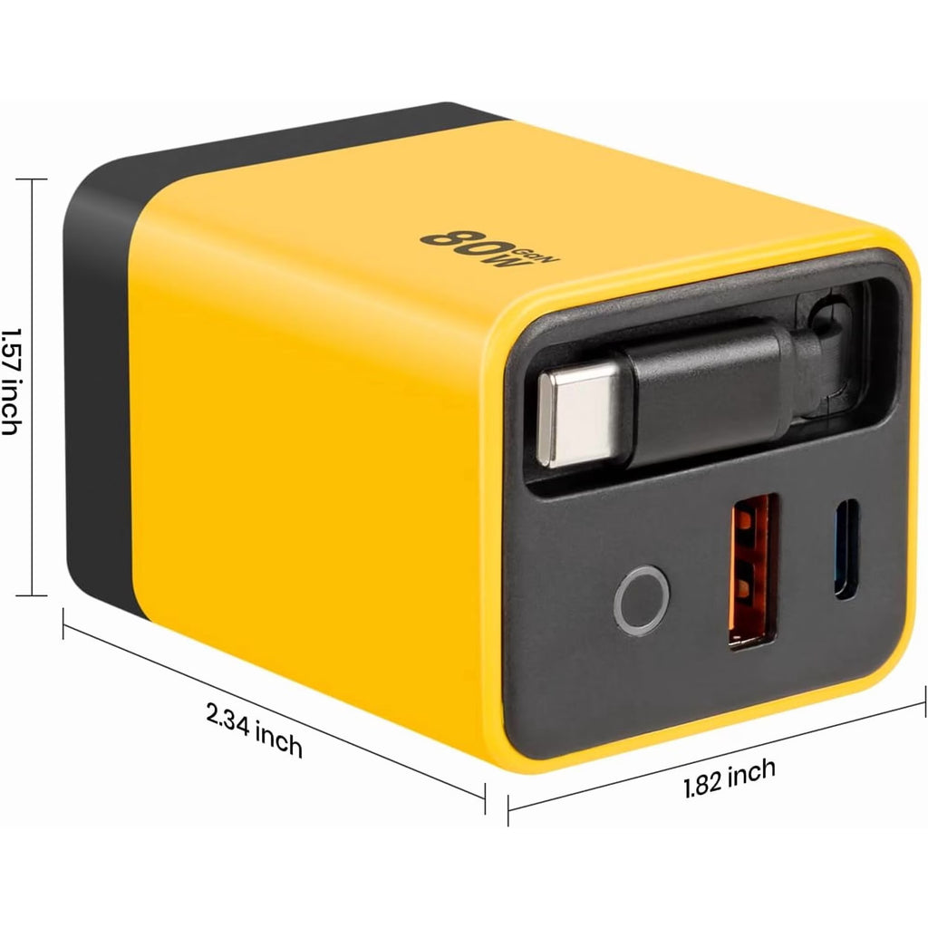 3 in 1 Type C Charger Fast Charging, 80w Charger Retractable Cable, Retractable USB C Charger with Type-C Cable & 2 USB Ports, All in One Chargers Retractable Cable, Home Travel Essential (Yellow)