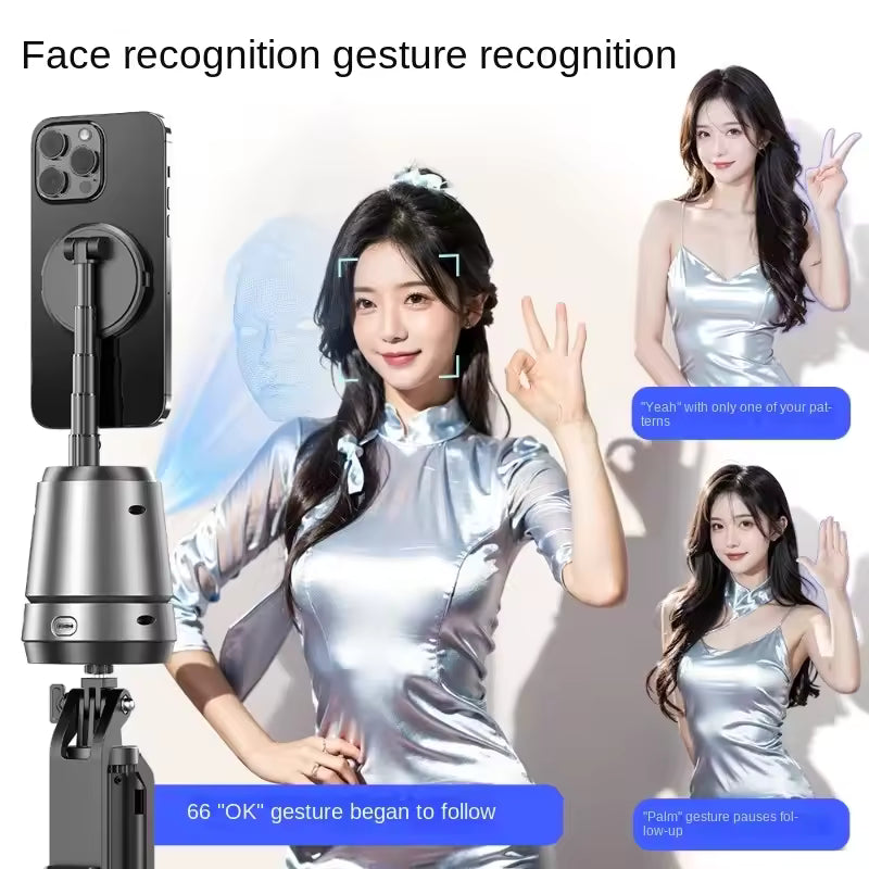 Auto Face Tracking Tripod Magnetic Fast Charger AI Smarts 360° Rotating Cell Phone Photo Video Tracking Gimbal No App Gesture Control Rechargeable Smart Shooting Stand for Live Video Recording Tiktok