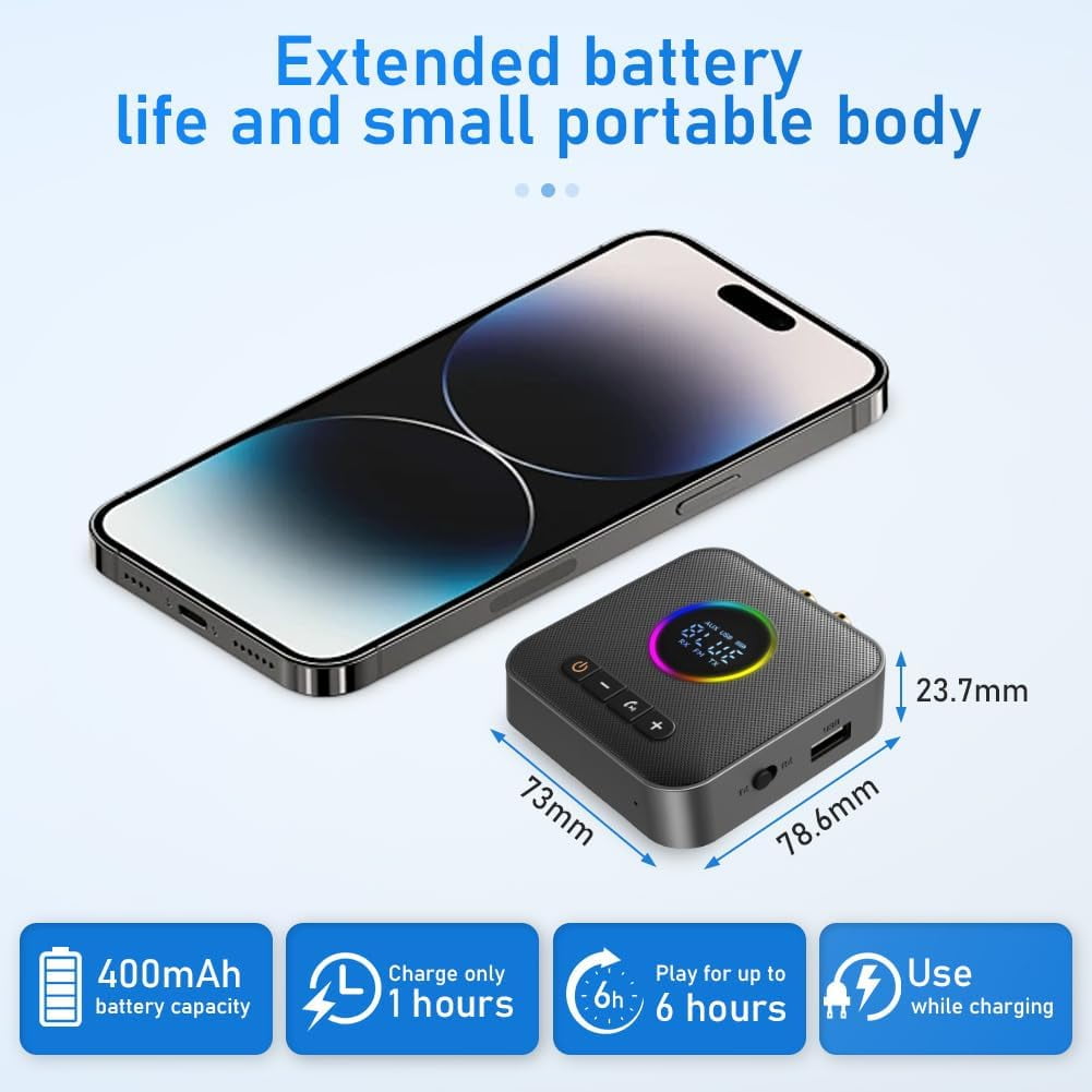 Bluetooth 5.4 HiFi Receivers 2-in-1 Bluetooth 5.4 Transmitter & Receiver for music Streaming Sound System Wireless Audio Adapter with 3.5mm RCA for Home Stereo System/Speakers/Car/TV/Tablet