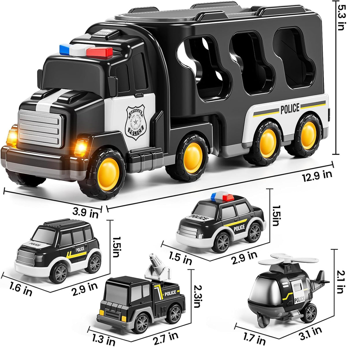 CEDQ Kids Police Truck Toy with Music for 3-9 Years Boys&Girls - 5 in 1 Black Carrier Vehicle Toy Set with 3 Small Cars 1 Helicopter Friction Powered Car Toys for Baby Birthday Gifts for Toddlers