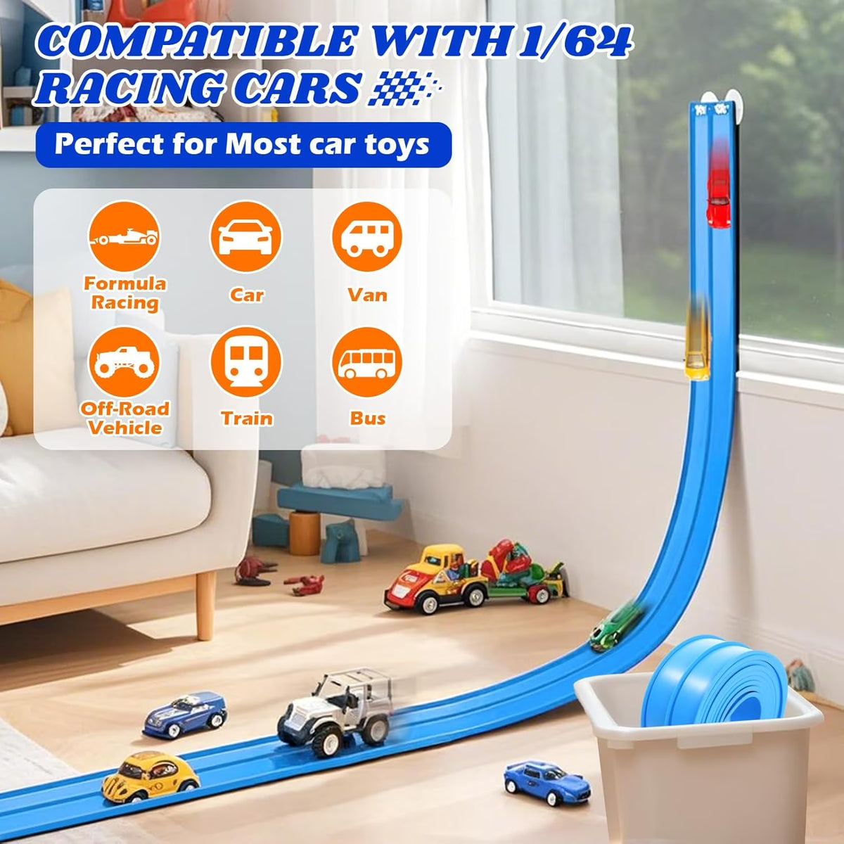 15 Ft Slot Car Race Track Sets, Flexible Race Tracks for Kids Ages 4-8 with 4 Toy Cars Suction Cups, Portable DIY Racetrack Compatible with Diecast 1/64th Cars, Ideal Gift for Kids Toys