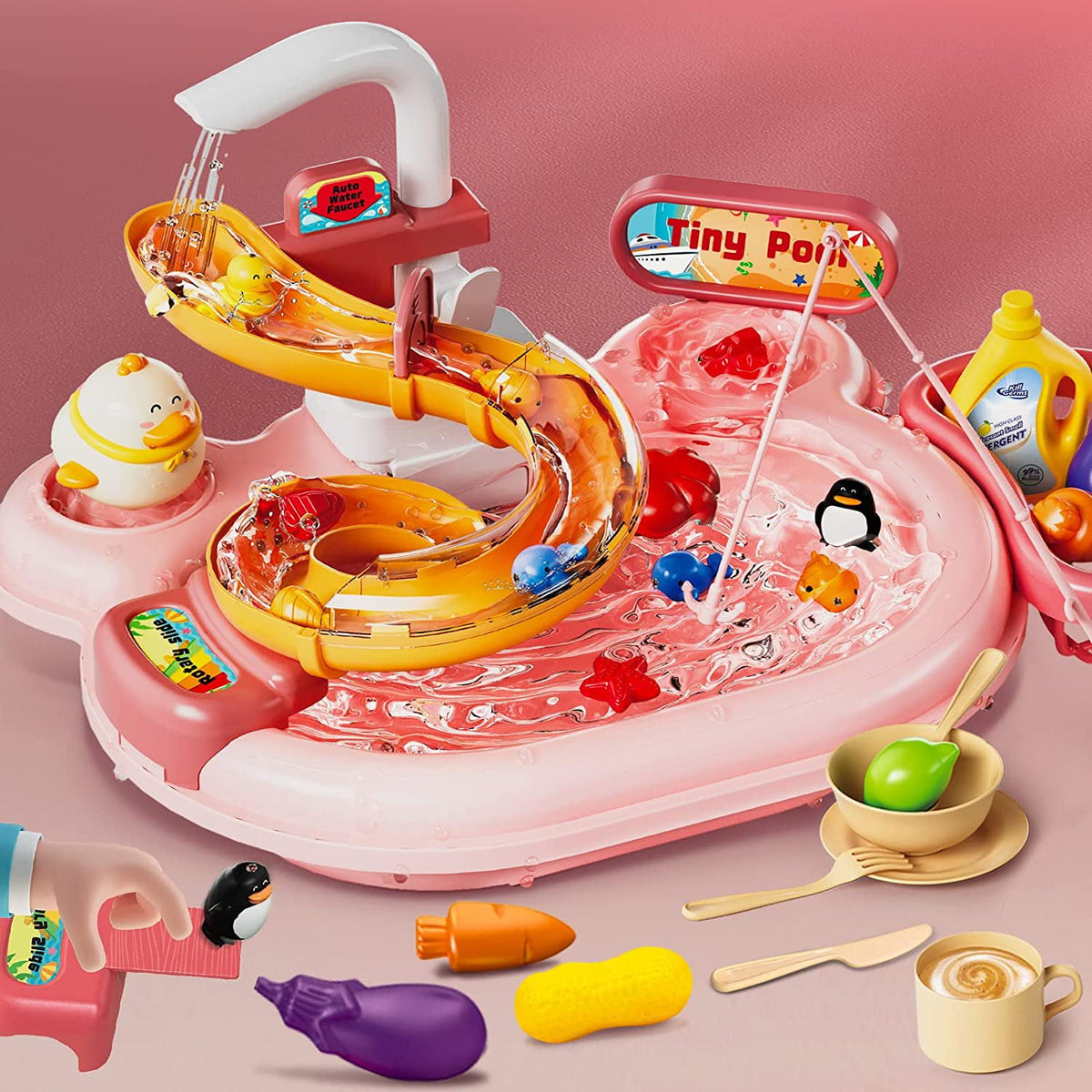 Toddler Toys Baby Toys Kid Toys Fishing Table and Dishwasher Toys Kids Kitchen Sink & Fishing Playset & Electric Dishwasher Toys Electric Water Table for Kid 3-12 Years Play Sink Fishing Toy Pool Set