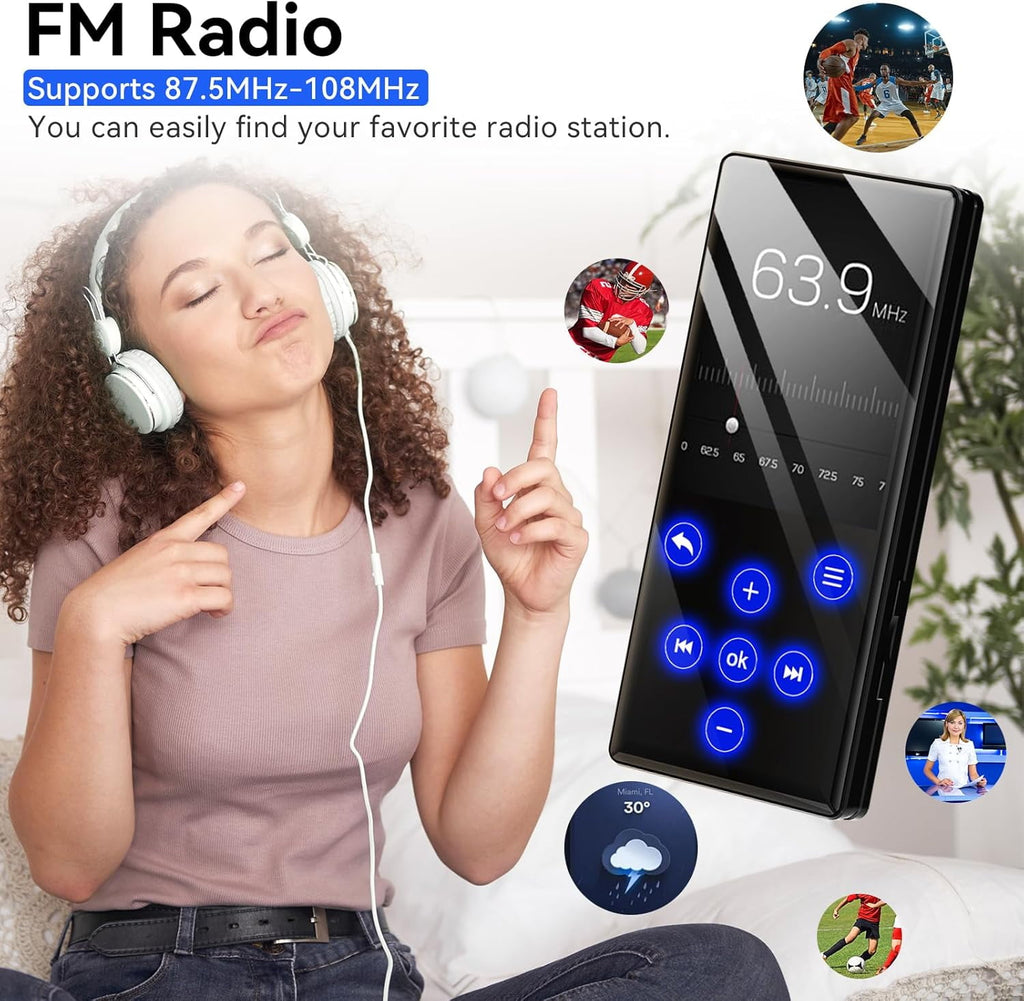 128GB MP3 Player with Bluetooth Portable Lossless Sound Music Player with HD Speaker 2.4 Screen Voice Recorder FM Radio Touch Buttons HiFi MP4 Player Built-in 64GB Support up to 128GB for Walking