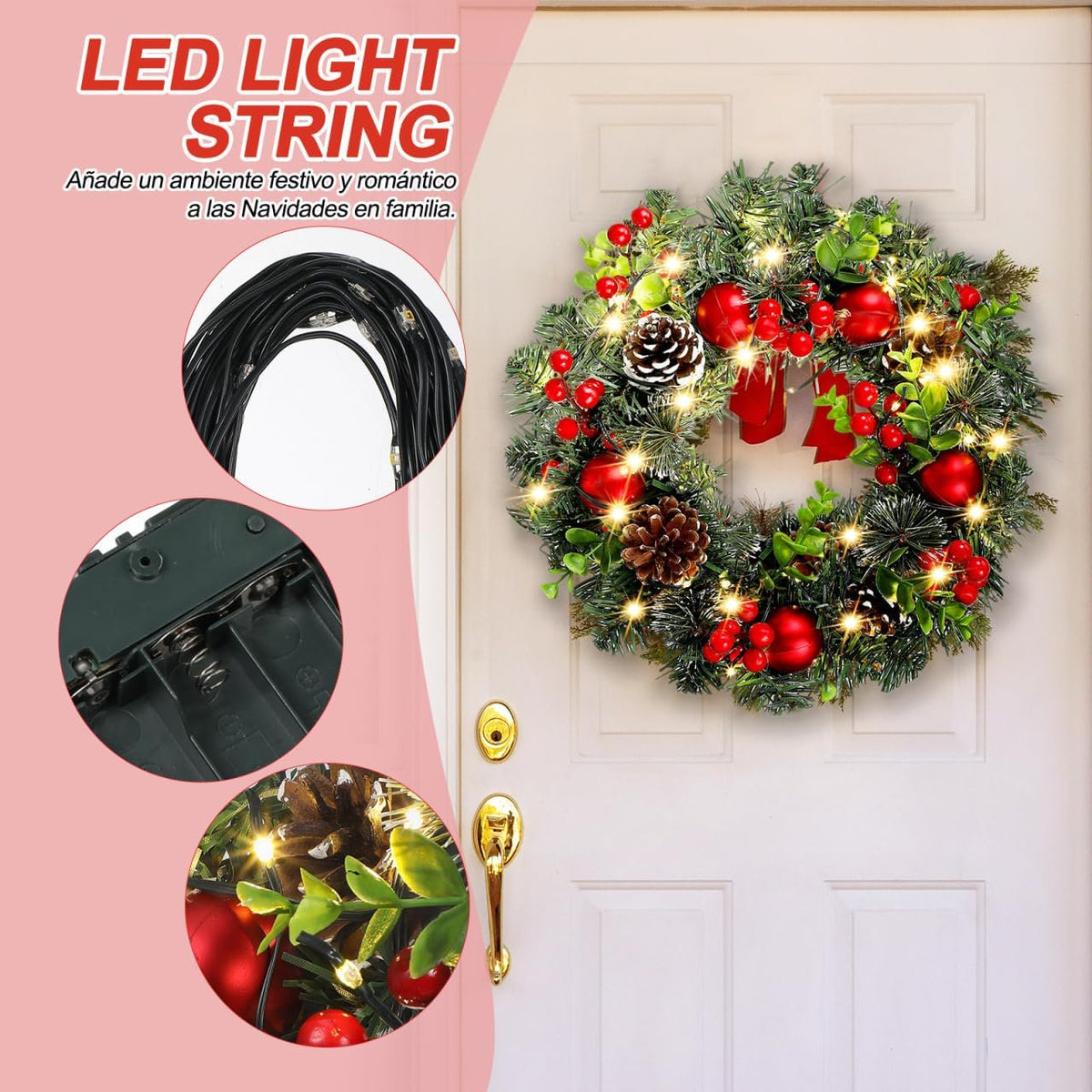XEAZON Christmas Wreaths for Front Door, 16In Christmas Wreath with LED Lights Pine Cones and Berry Clusters, Festive Hanging Garland for Christmas Wall Fireplace Window Indoor Outdoor Decorations