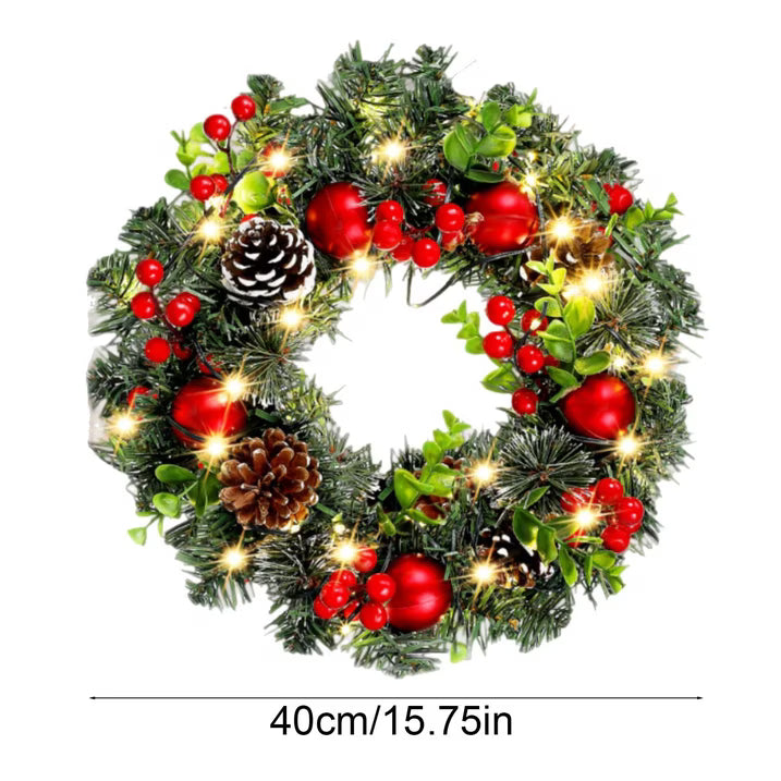 XEAZON Christmas Wreaths for Front Door, 16In Christmas Wreath with LED Lights Pine Cones and Berry Clusters, Festive Hanging Garland for Christmas Wall Fireplace Window Indoor Outdoor Decorations