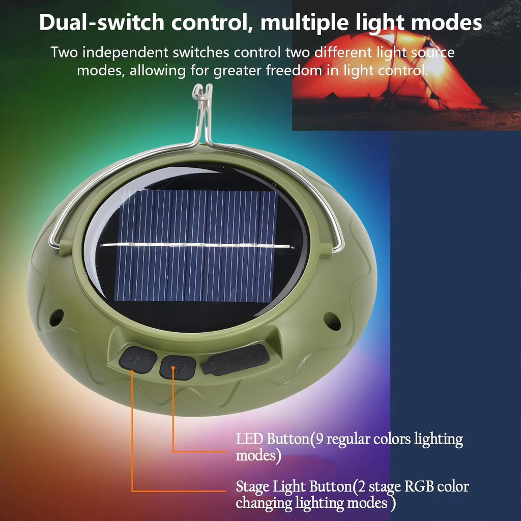 Solar Camping Lights & Lantern with Disco Light Ball, Rechargeable Hanging Tent Light, Music Sync Strobe RGB LED Camping Party Lights with 9 Light Modes & IPX4 Waterproof, Camping Essentials, Green