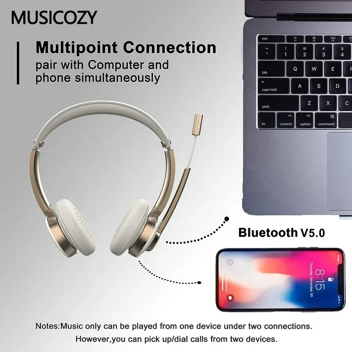 Bluetooth Headset with Microphone, Wireless Headphones with Noise Cancelling Mic, 26hrs talktime, On Ear Headphones with Mic Mute for Mac/Laptop/Zoom/Teams/Call Center/Office/Home Gold
