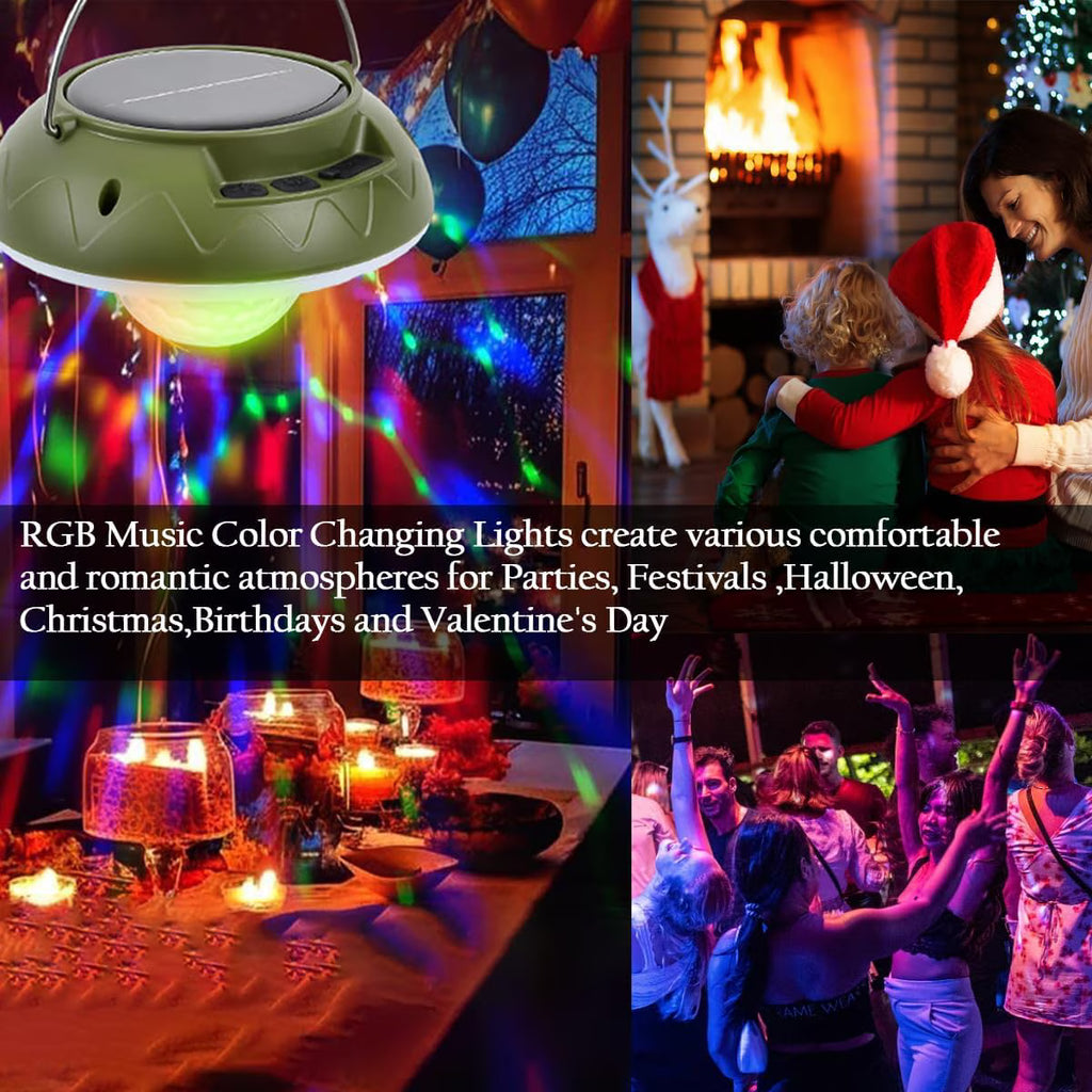 Solar Camping Lights & Lantern with Disco Light Ball, Rechargeable Hanging Tent Light, Music Sync Strobe RGB LED Camping Party Lights with 9 Light Modes & IPX4 Waterproof, Camping Essentials, Green