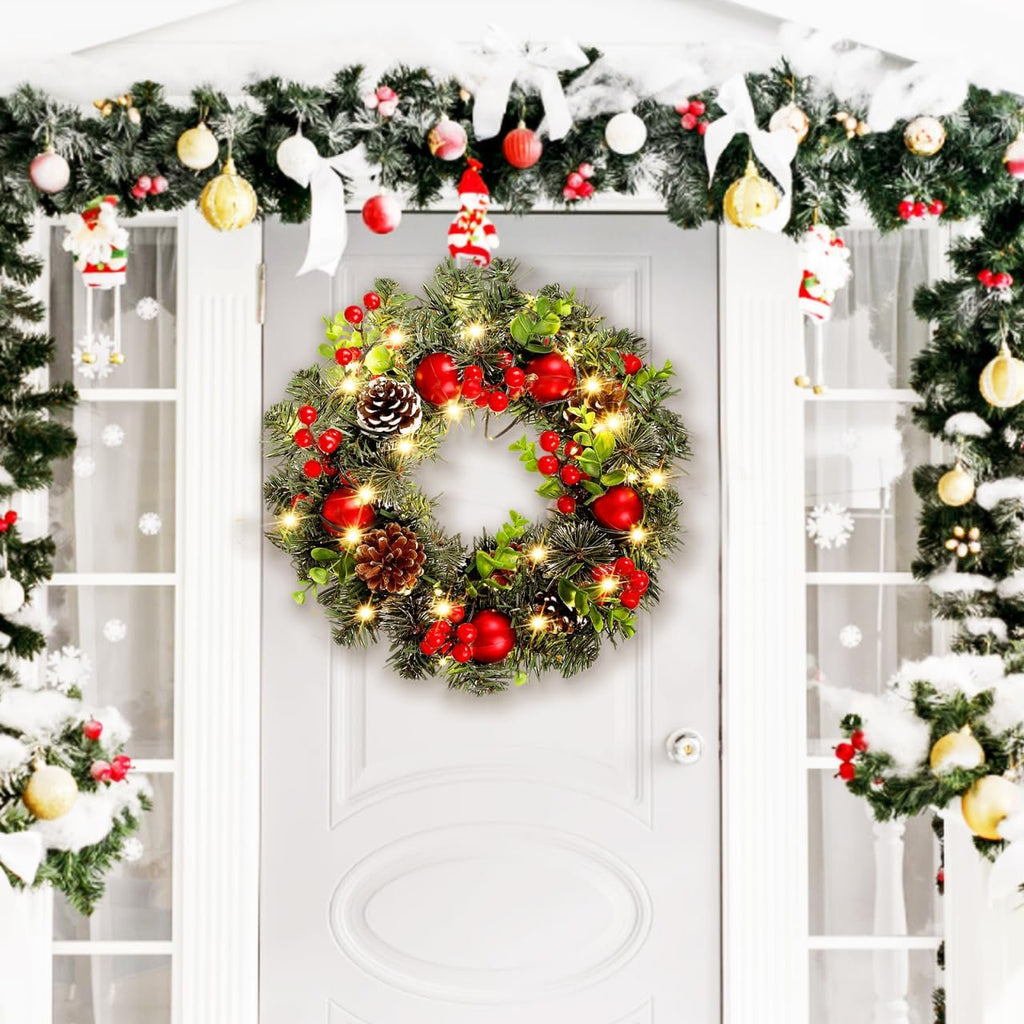 XEAZON Christmas Wreaths for Front Door, 16In Christmas Wreath with LED Lights Pine Cones and Berry Clusters, Festive Hanging Garland for Christmas Wall Fireplace Window Indoor Outdoor Decorations