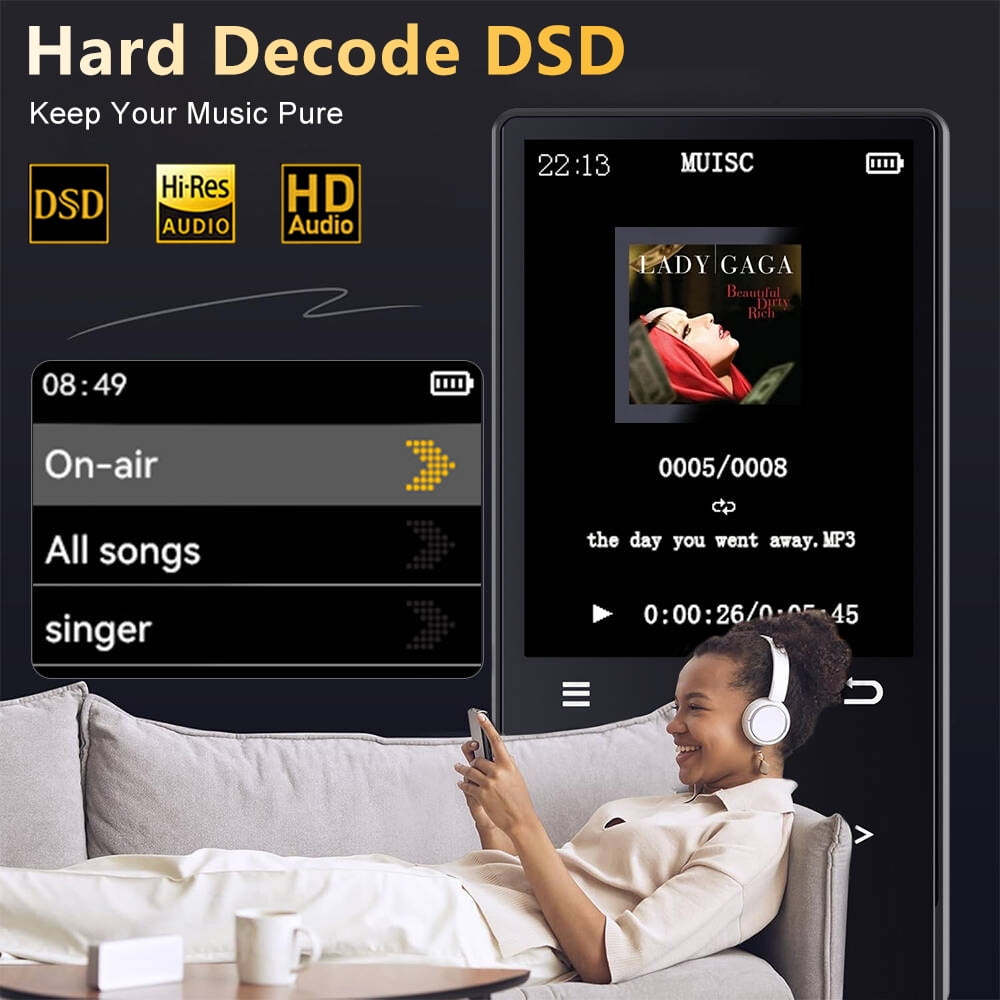 32GB MP3 Player with Bluetooth 5.4 Portable Lossless HiFi Sound Music Player with HD Speaker Digital Audio Player E-Book/Recorder/FM Radio Touch Buttons Support up to 128GB for Running Walking